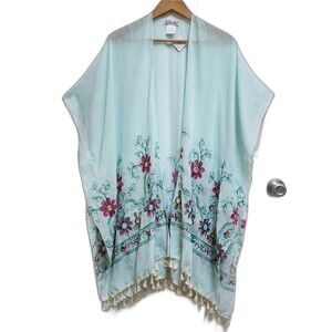 Hey Beautiful Kimono Women OS Multicolor Floral Embroidered Sheer Tassels Boho